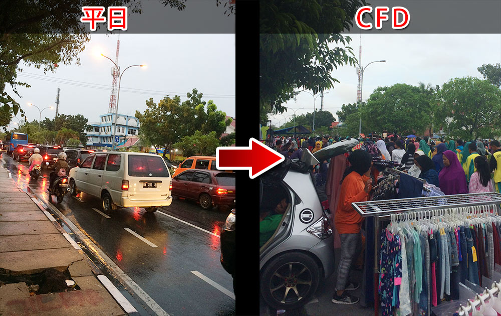 平日と「CFD（Car Free Day）」の比較（同じ場所から撮影）