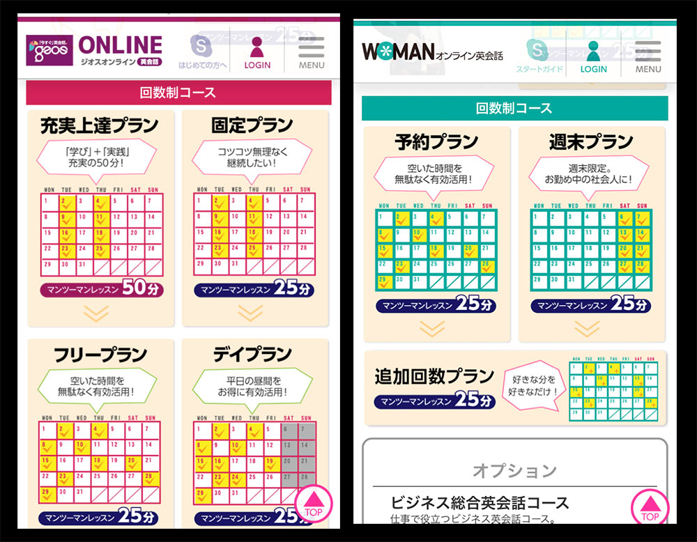 ジオスオンラインとWOMANオンライン英会話のサイトが似ている例