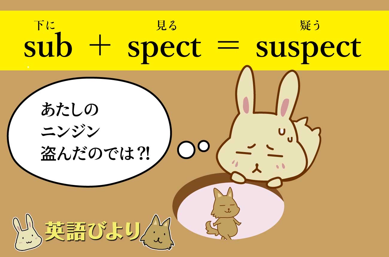 「sub（下に）」＋「spect（見る）」＝「suspect（疑う）」